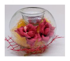 Sklenený svietnik na čajovú sviečku s dekoráciou + 6ks čajové sviečky