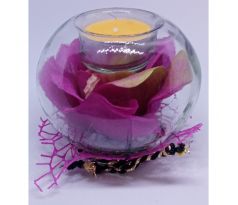 Sklenený svietnik na čajovú sviečku s dekoráciou + 6ks čajové sviečky