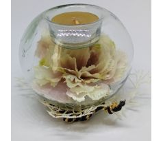 Sklenený svietnik na čajovú sviečku s dekoráciou + 6ks čajové sviečky