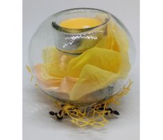 Sklenený svietnik na čajovú sviečku s dekoráciou + 6ks čajové sviečky