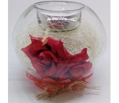 Sklenený svietnik na čajovú sviečku s dekoráciou + 6ks čajové sviečky