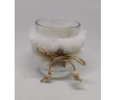 Sklenený svietnik 6cm biely hviezda + 1x6ks čajových sviečok ZDARMA