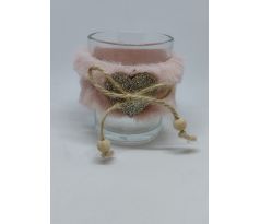 Sklenený svietnik 6cm rúžový srdce + 1x6ks čajových sviečok ZDARMA