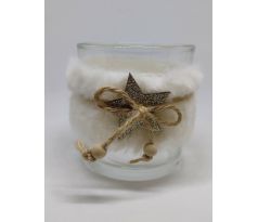 Sklenený svietnik 8cm biely hviezda + 1x6ks čajových sviečok ZDARMA