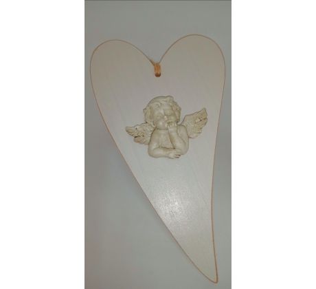 Drevene srdce s anjelikom, svetlo hnedé 23x13cm