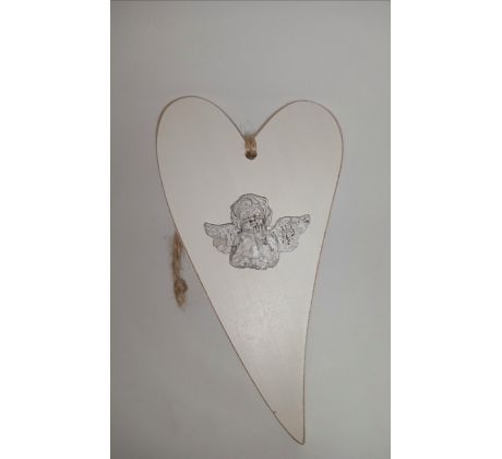 Drevene srdce s anjelikom, svetlo hnedé 16x9cm